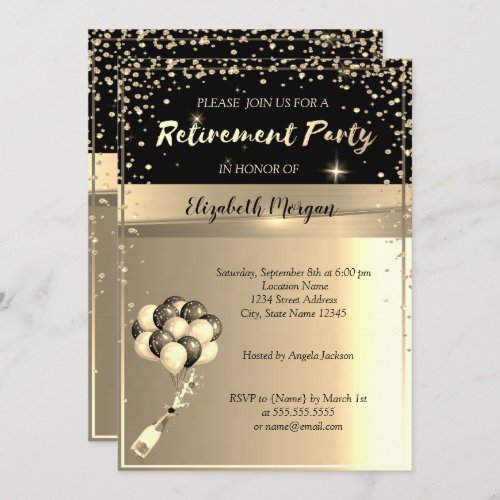 Gold Diamonds Frame Ballons Retirement Party Invitation