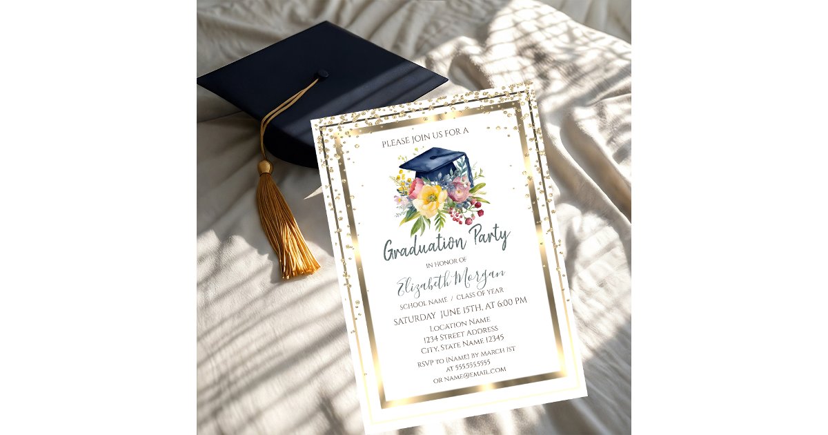 Gold Diamonds,Frame,Floral Grad Cap Graduation Invitation | Zazzle