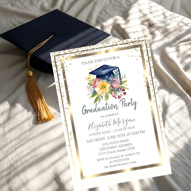Gold Diamonds,Frame,Floral Grad Cap Graduation Invitation (Creator Uploaded)