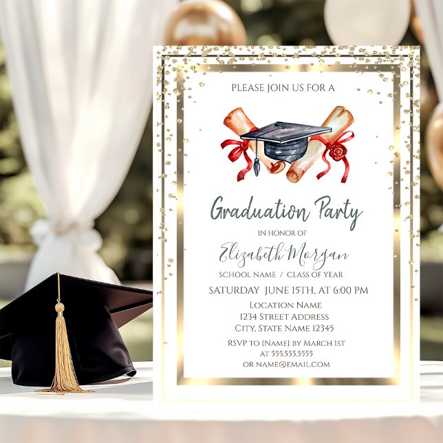 Gold Diamonds,Frame,Graduation Cap Diploma Invitation (Creator Uploaded)