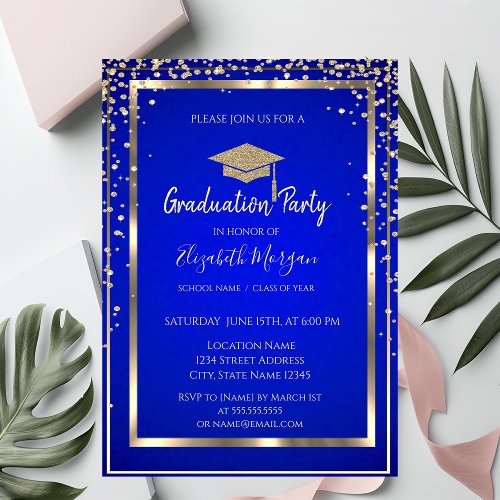 Gold Diamonds Frame Royal Blue Invitation