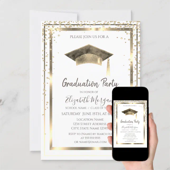 Gold Diamonds,Frame,Watercolor Graduation Cap Invitation | Zazzle