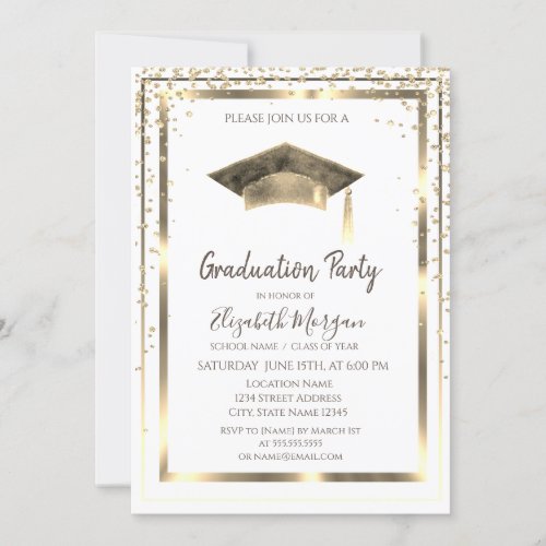 Gold DiamondsFrameWatercolor Graduation Cap  Invitation