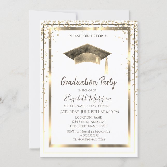 Gold Diamonds,Frame,Watercolor Graduation Cap  Invitation (Front)