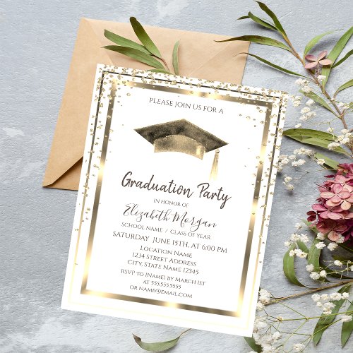 Gold DiamondsFrameWatercolor Graduation Cap  Invitation