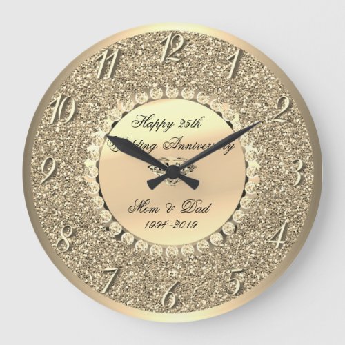 Gold DiamondsGlitter  25th Wedding Anniversary Large Clock