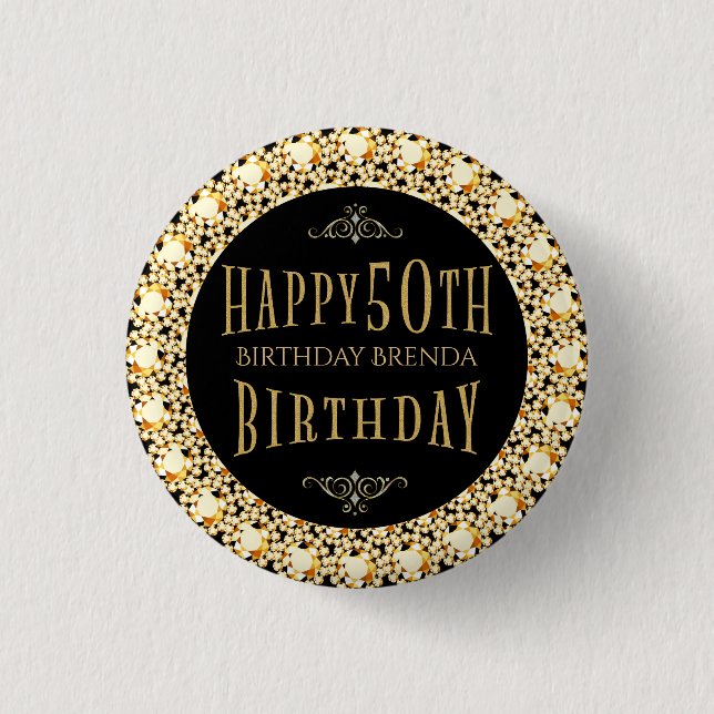 Gold Diamonds Glitter Happy 50th Birthday Template Button (Front)