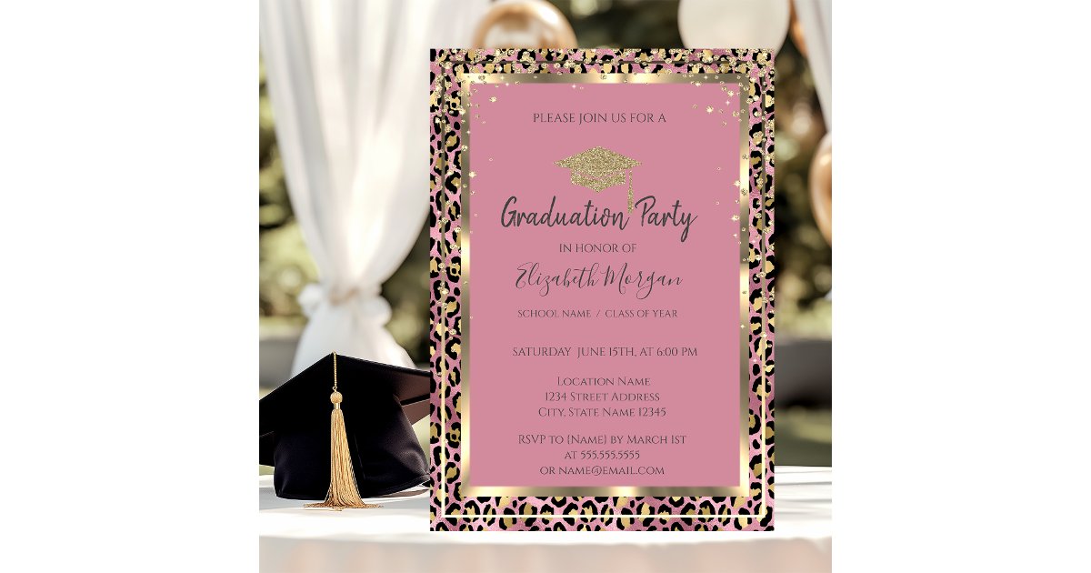 Leopard Graduation Invitations Gold Diamonds Grad Cap Leopard Print Graduation Invitation | Zazzle