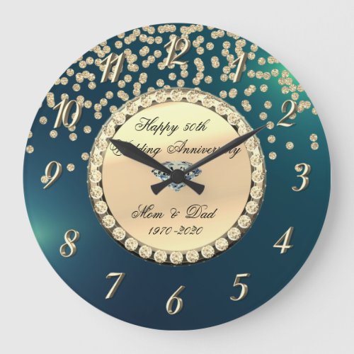 Gold Diamonds Green 25th Wedding Anniversary Large Clock