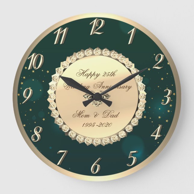 Gold Diamonds Green  25th Wedding Anniversary Large Clock (Front)