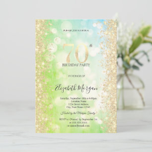 Gold Diamonds Green Blue Bokeh 70th Birthday   Invitation