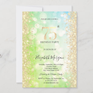 Gold  Diamonds Green Blue Bokeh 75th Birthday   Invitation