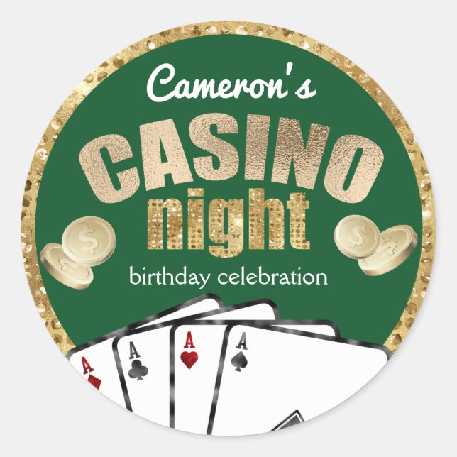 Gold Diamonds Green Casino Night Party Classic Round Sticker (Front)