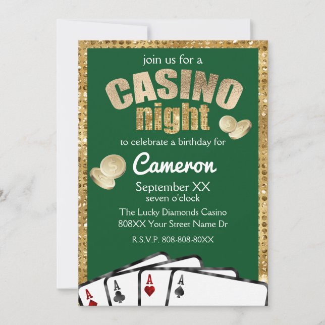 Gold Diamonds Green Casino Night Party Invitation (Front)