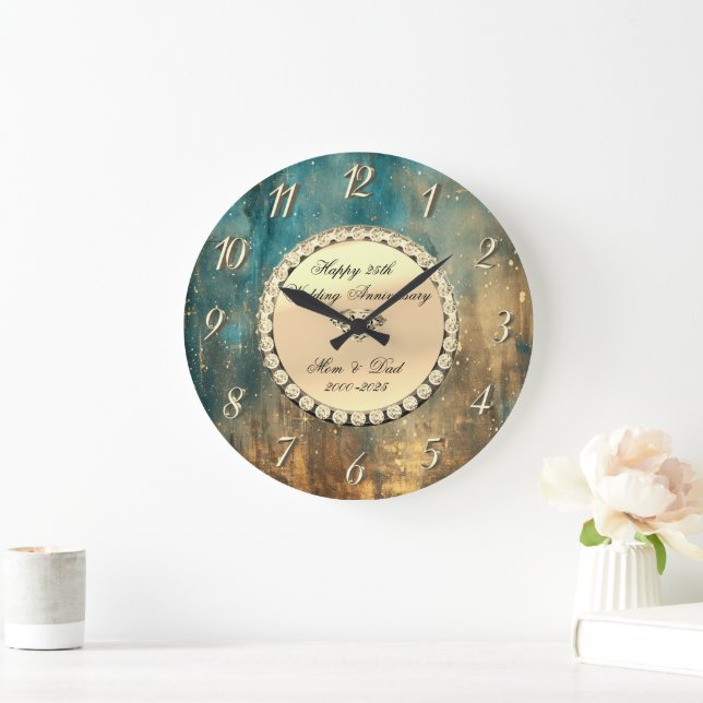  Gold Diamonds Grunge 25th Wedding Anniversary Large Clock (Home)