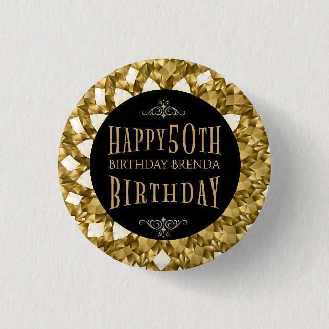 Gold Diamonds Happy 50th Birthday Text Pinback Button (Front)