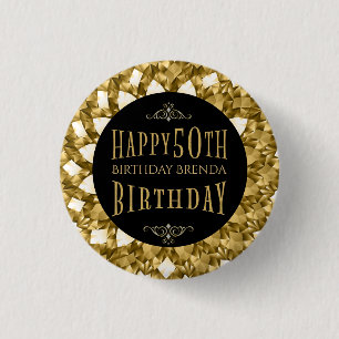 Gold Diamonds Happy 50th Birthday Text Pinback Button