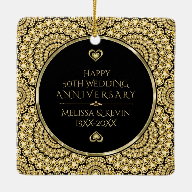 Gold Diamonds Happy 50th Wedding Anniversary Ceramic Ornament (Back)
