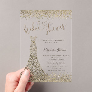 Gold Diamonds Heart Dress Bridal Shower Acrylic Invitations