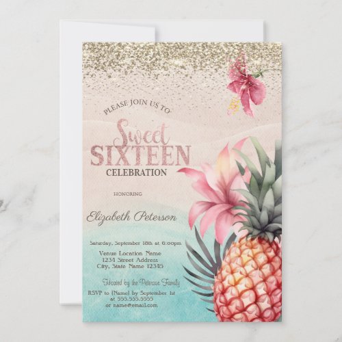 Gold DiamondsHibiscus Pineapple Beach Sweet 16 Invitation