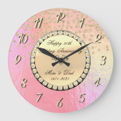 Gold Diamonds Holographic 25th Wedding Anniversary Large Clock