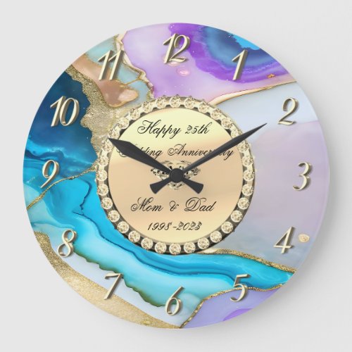 Gold Diamonds Marble 25th Wedding Anniversary Large Clock