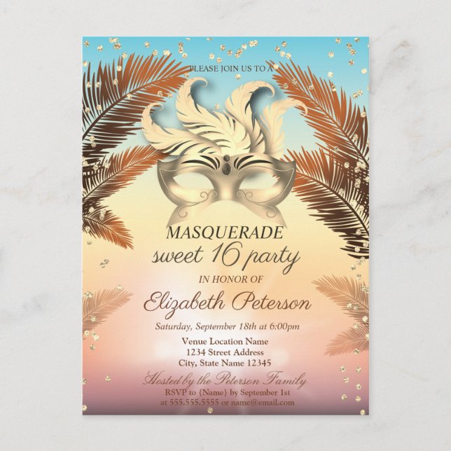 Gold Diamonds,Masque,Palms Sweet 16 Invitation Postcard (Front)