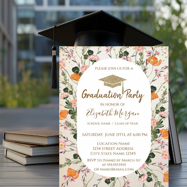 Gold Diamonds Meadow Wildflowers Graduation Invitation (Creator Uploaded)