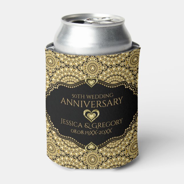Gold Diamonds Pattern 50th Wedding Anniversary Can Cooler (Can Front)