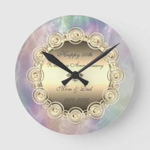 Gold Diamonds Pearl Opal 50th Wedding Anniversary Round Clock