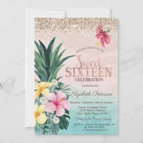 Gold Diamonds Pineapple Beach Sweet 16 Invitation