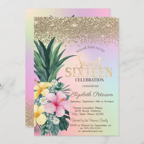 Gold Diamonds Pineapple Holographic Sweet 16 Invitation