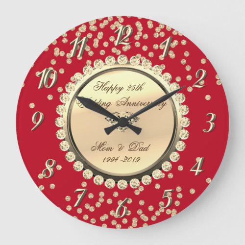 Gold Diamonds Red 25th Wedding Anniversary Large Clock