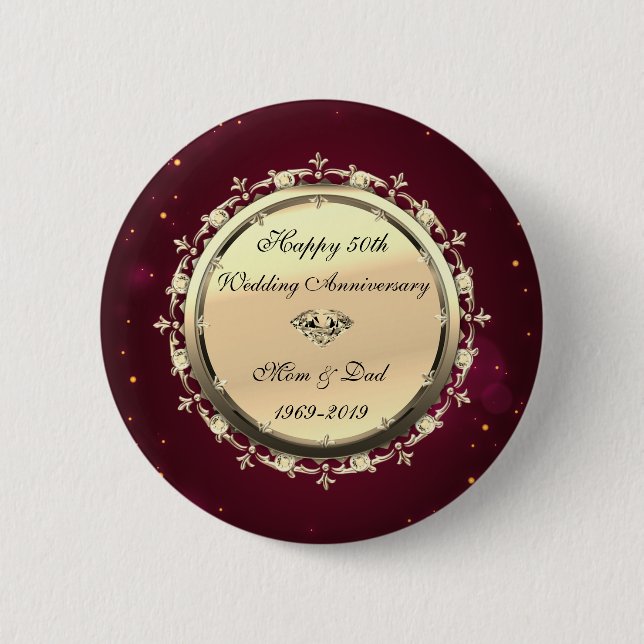 Gold Diamonds Red  50th Wedding Anniversary Button (Front)