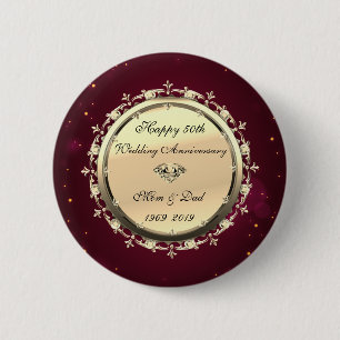 Gold Diamonds Red 50th Wedding Anniversary Button
