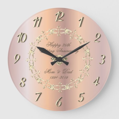 Gold Diamonds Rose Gold 25th Wedding Anniversary Large Clock