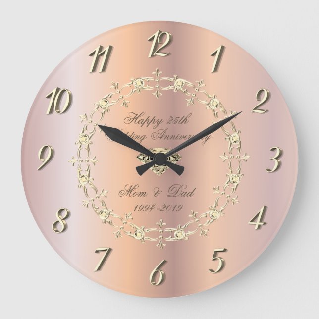 Gold Diamonds Rose Gold 25th Wedding Anniversary Large Clock (Front)