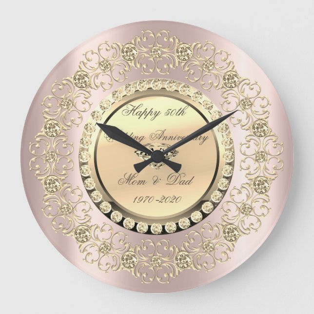 Gold Diamonds Rose Gold 25th Wedding Anniversary Large Clock (Front)