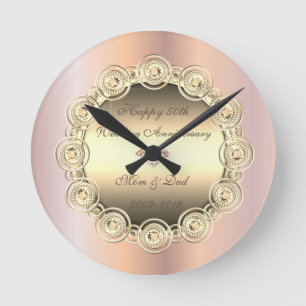 Gold Diamonds Rose Gold 50th Wedding Anniversary Round Clock