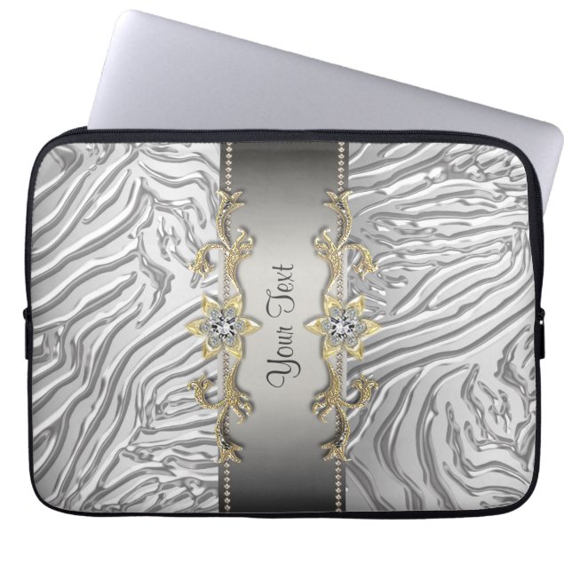 Gold Diamonds Silver Zebra Laptop Sleeve (Front)