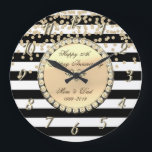 Gold Diamonds,Stripes  25th Wedding Anniversary Large Clock<br><div class="desc">Elegant gold diamonds on black white stripes.</div>