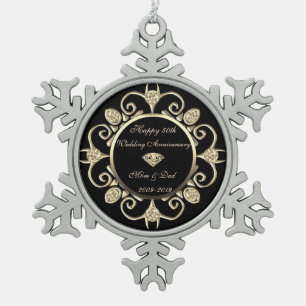Gold Diamonds Swirl 50th Wedding Anniversary Snowflake Pewter Christmas Ornament