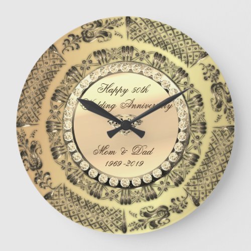 Gold DiamondsSwirls  25th Wedding Anniversary Large Clock