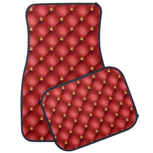 Gold Diamonds Tufted Leather Red Car Floor Mat