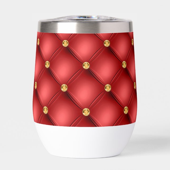 Gold Diamonds Tufted Leather Red Thermal Wine Tumbler (Front)