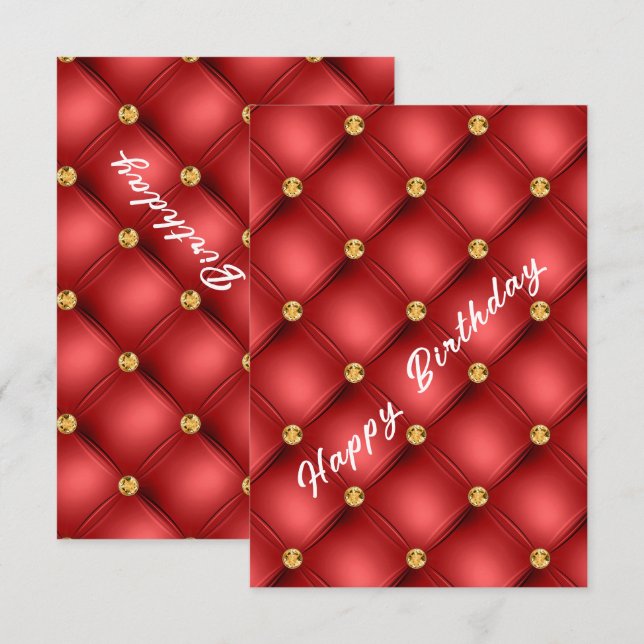 Gold Diamonds Tufted Red Romantic Birthday Card (Front/Back)