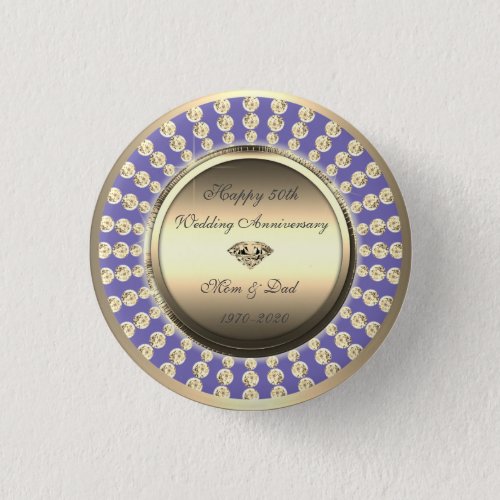 Gold Diamonds Violet 50th Wedding Anniversary Button