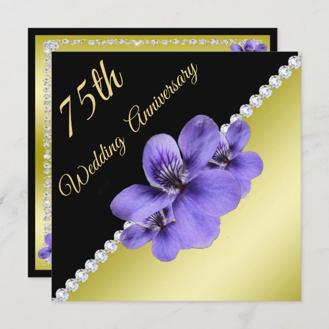 Gold, Diamonds & Violets 75th Wedding Anniversary Invitation (Front/Back)