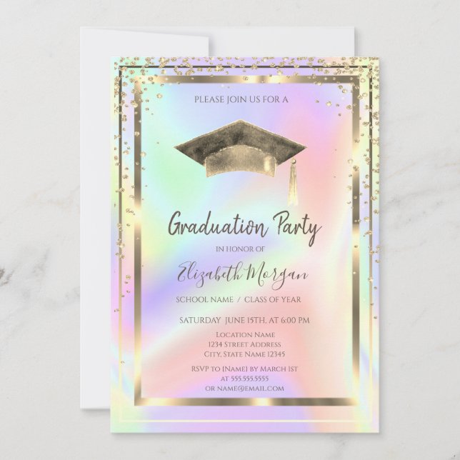 Gold Diamonds,Watercolor Grad Cap Holographic Invitation (Front)