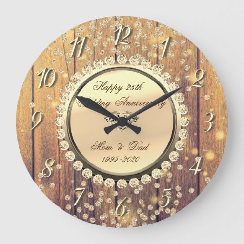 Gold Diamonds Wood 25th Wedding Anniversary Large Clock